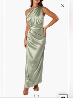 NWOT- Petal & Pup Nadia One-Shoulder Satin Maxi Dress, Sage, 6